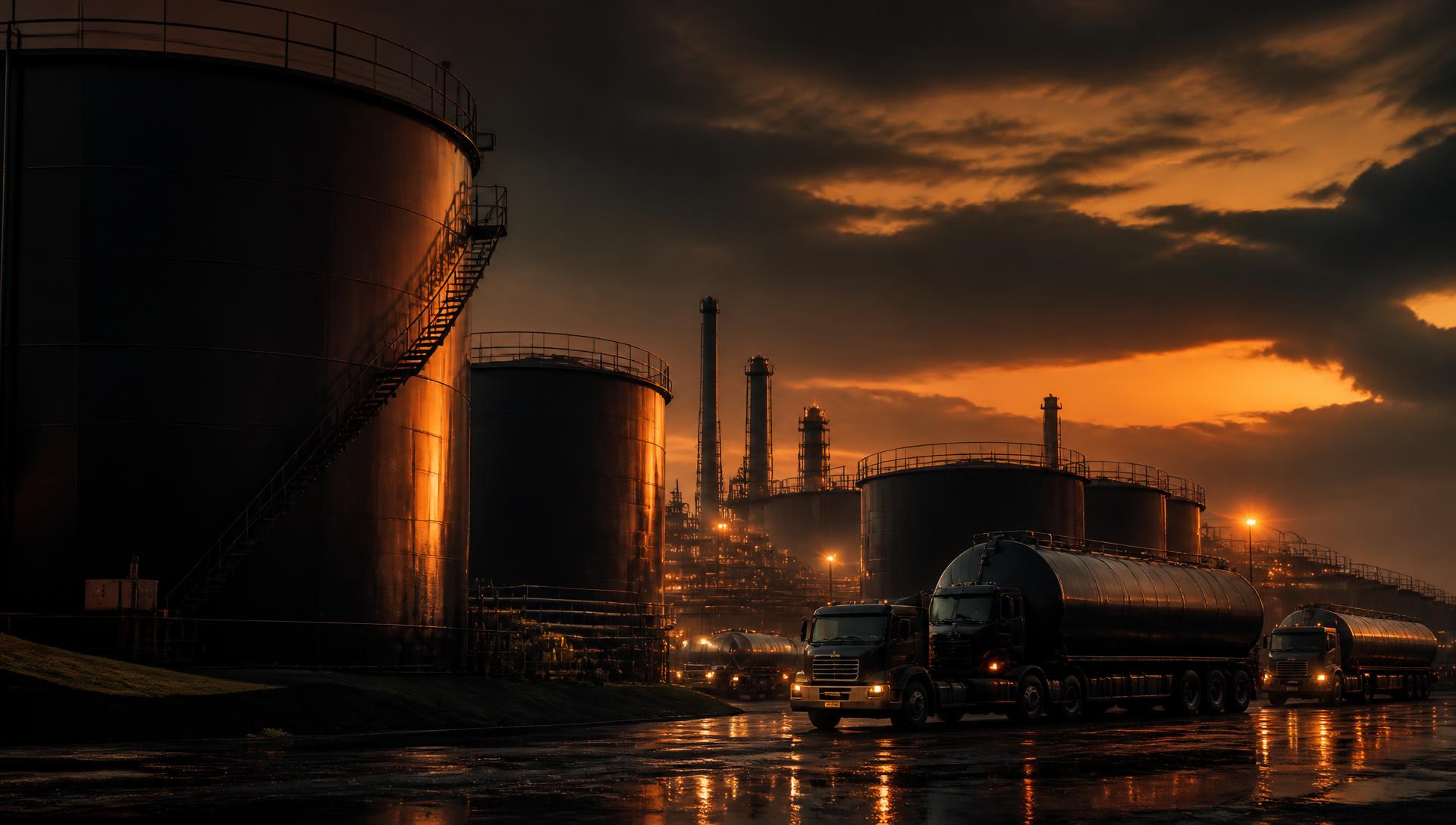 Industrial infrastructure and a tanker fleet at dusk
